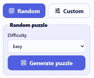 The Random and Custom buttons with the Random puzzle panel