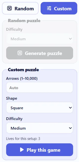 The Custom puzzle panel: arrows, shape, difficulty and Play this game